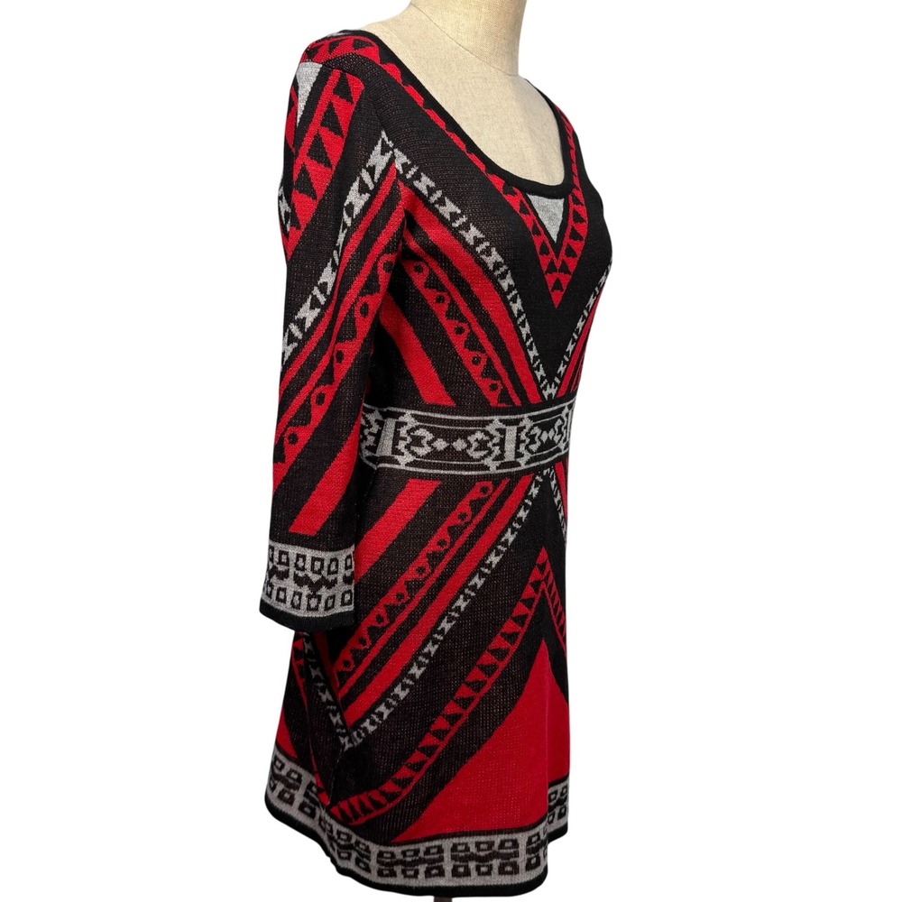 Women S Red Black Geometric Aztec Sweater‎ Dress Scoop Neck Bodycon Festive Boho